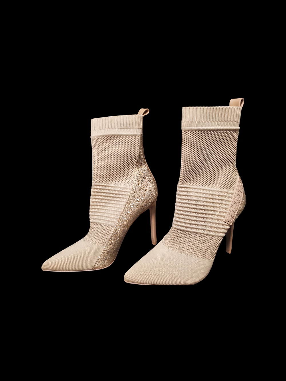 Womans Steve Madden Maxwell Beige Sock Rhinestone Stilleto Boots